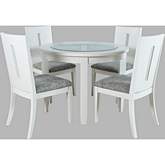 Urban Icon 5 Piece Round Dining Set in White Wood, Glass & Grey Fabric